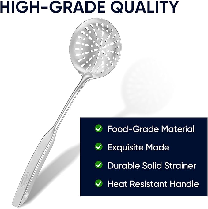 Skimmer Slotted Spoon, [Rustproof, Integral Forming, Durable] Newness 304 Stainless Steel Slotted Spoon with Vacuum Ergonomic Handle, Comfortable Grip Design Strainer Ladle for Kitchen, 14.96 Inches