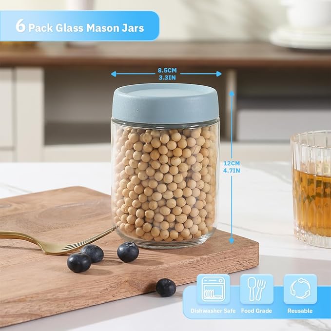 16 OZ Glass Mason Jars with Airtight Lids Wide Mouth Leakproof Pantry Organization Food-Grade Storage Containers for Honey,Salad,Yogurt and Snacks (Plastic Lid-6 Pack)