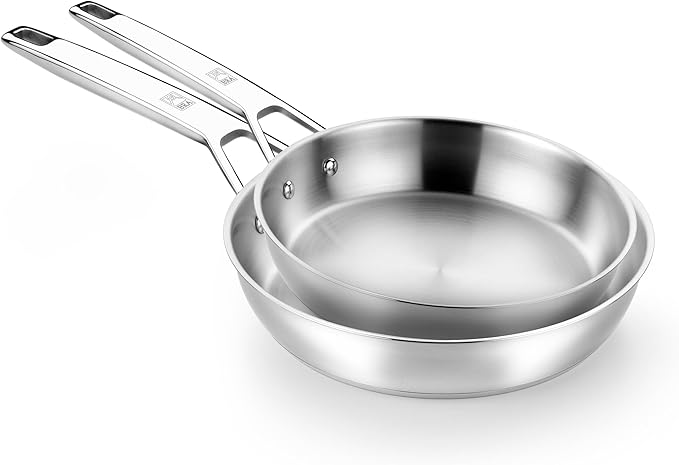 BRA COOKWARE Signature 2 Frying Pan Set | 8 + 10.2 inches Professional Skillet | Stainless Steel Frypan | All Stovetop Compatible Skillet | PFOA Free | w/o Non-Stick Coating | Polished Finish
