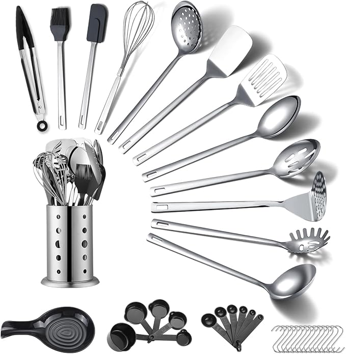 Stainless Steel Kitchen Utensils Set 40 Pieces, Cooking Utensil Set with Utensils Holder, Kitchen Gadgets Kitchen Essentials New Home, House, Appartment Must Have, Metal Spatula Set