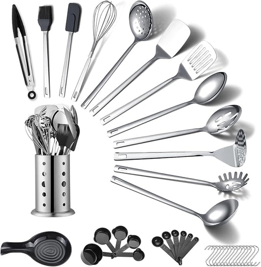 Stainless Steel Kitchen Utensils Set 40 Pieces, Cooking Utensil Set with Utensils Holder, Kitchen Gadgets Kitchen Essentials New Home, House, Appartment Must Have, Metal Spatula Set