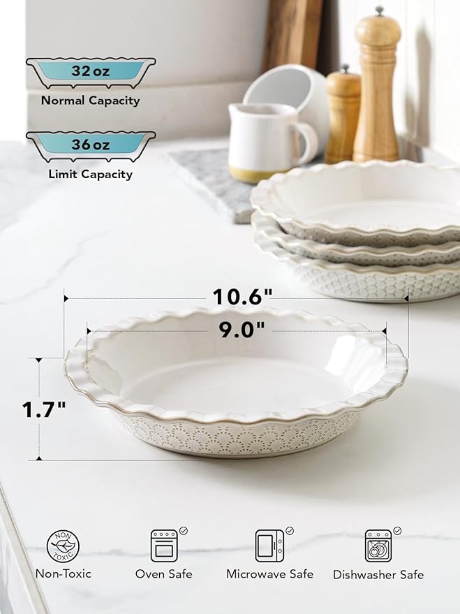 LE TAUCI Pie Pans for Baking 9 Inch, Ceramic Pie Plate for Apple Pie, Round Baking Dish Oven Safe, Embossment Housewarming Wedding Present - 36 OZ, Set of 2, Fireworks + Honey Comb, Arctic White