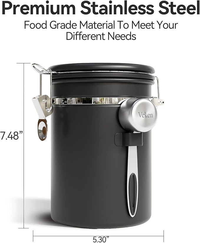 Veken Coffee Canister with Window,Airtight Stainless Steel Container,Home Kitchen Food Storage Organizers for Grounds,Beans,Espresso,Rice,Tea,Sugar,Cereal, Flour,Scoop,Bar Accessories,Gifts,22OZ,Black