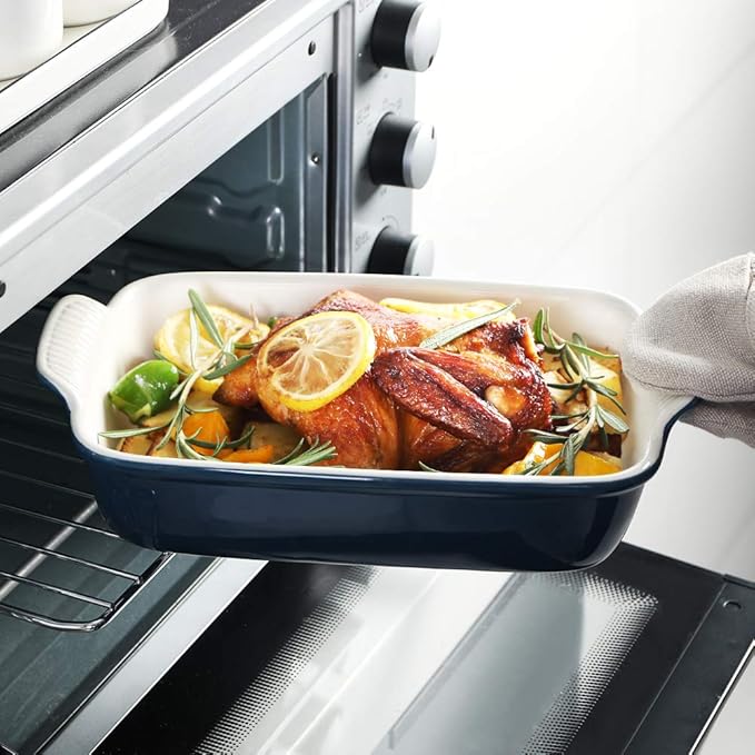 Sweejar Baking Pans Set, Ceramic 9x13 Baking Dish with Handle, Rectangular Casserole Dishes for Oven, Bakeware Sets of 3, Durable Lasagna Pan Deep for Kitchen, Banquet, Wedding Gift(Navy)