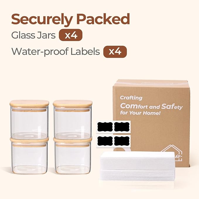 ComSaf 0.7 Qt Glass Food Storage Jars Set of 4, Clear Glass Storage Containers with Lids, Pantry Organization Jar, Spice Jar, Blooming Tea, Coffee and Sugar Container, Small Canister Set for Kitchen