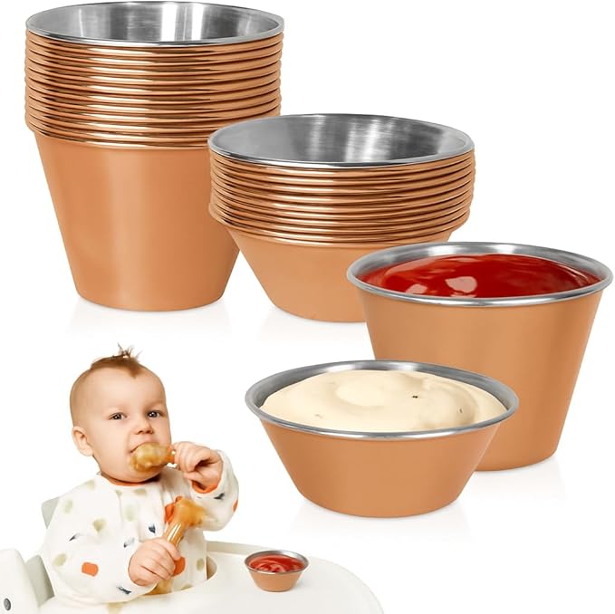 24 pcs Rose Gold Copper Stainless Steel Condiment Small Sauce Cups - Round Ramekin Dipping Ramiken, Commercial Grade Metal Condiment for Ketchup, Soy Sauce, Vinegar, Butter