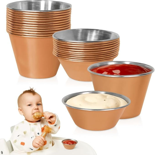 24 pcs Rose Gold Copper Stainless Steel Condiment Small Sauce Cups - Round Ramekin Dipping Ramiken, Commercial Grade Metal Condiment for Ketchup, Soy Sauce, Vinegar, Butter