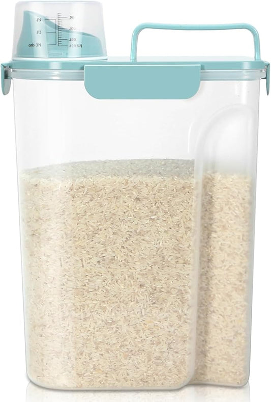 TBMax Airtight Rice Container 10 Lbs Cereal Dispenser, Small Pet Cat Dog Food Storage Container, Plastic Kitchen Pantry Food Storage Holder with Cup -Light Blue