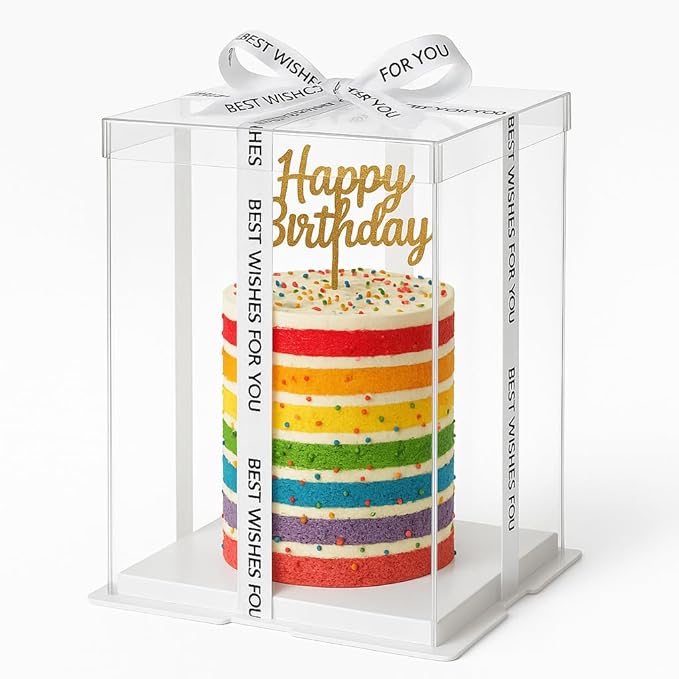 Sweet Degrees Clear Plastic Cake Box 13"x13"x19.5" | Ribbon Included |Tall Square Cake Carrier with Lid | Reusable Display Container for Tiered Cakes | Ideal for Weddings, Events, and Bakeries