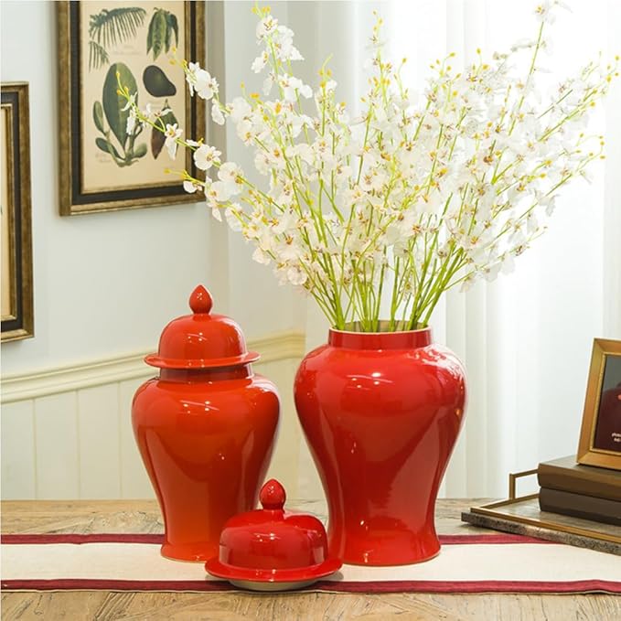 Solid Red Ceramic Ginger Jar with Lid for Home DecorTradition Flower Vase Chinoiserie Jar Porcelain Temple Jars Vase Decor for Centerpiece TableLiving Room Decor B