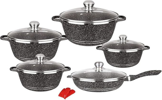 10-Piece Nonstick Cookware Set | Granite and Marble Coated Aluminum Pots and Pans with Glass Lids | Includes Saucepans, Frying Pan, and Stock Pot(Color:Black)