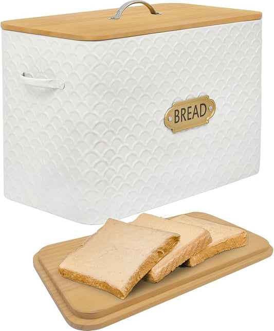 Extra Large Space Saving Farmhouse Bread Box With Wood Lid - Holds 2 Loaves - Vertical Breadbox Bread Storage Bin Holder for Kitchen Countertop, White