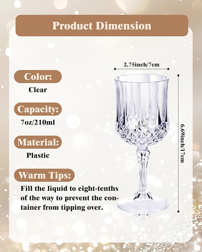 Ciaell 24PCS Plastic Wine Glasses - 7 Oz Plastic Goblets for Party - Clear Vintage Drinking Glasses - Disposable Water Goblets Set for Wedding, Bar, Wine, Beer, Juice, Cocktail, Whiskey