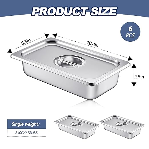 Mifoci Stainless Steam Hotel Pan with Lid, 2-1/2 Inch Deep Steam Table Pan Restaurant Supplies Reusable Anti Rust Catering Storage for Home, Party, Restaurant, Hotel, Buffet(6 Sets,1/4 Size)
