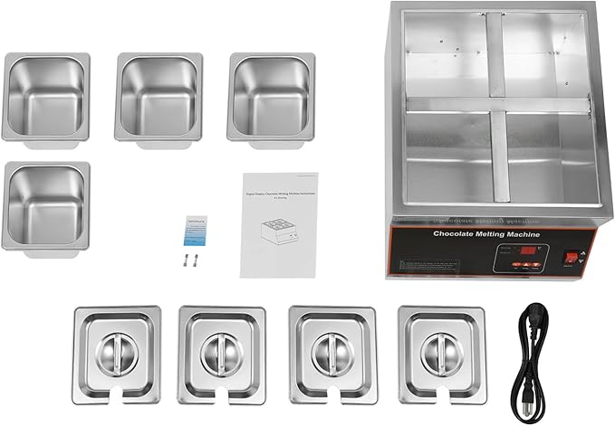 Chocolate Tempering Machine 32-203°F Commercial Chocolate Melting Pot 26.46 lbs Stainless Steel Food Warmer Air-heating Chocolate Fondue with Lid for Restaurant Home Party (Four Pots)