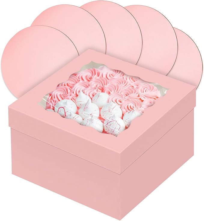qiqee Pink 12x12x8 Cake Box, 4 Sets Pink Cake Box with Window ＆ 4 Sets 12" Pink Cake Round Boards, 12inch Cake Containers