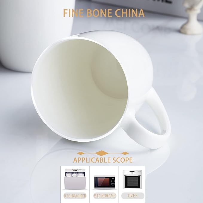 12 oz Fine Bone China Coffee Mugs Set of 6, Over 45% Bone Content White Mugs, Durable Porcelain Coffee Mugs Sets, White Ceramic Lightweight Tea Milk Cups, Microwave ＆ Dishwasher Safe