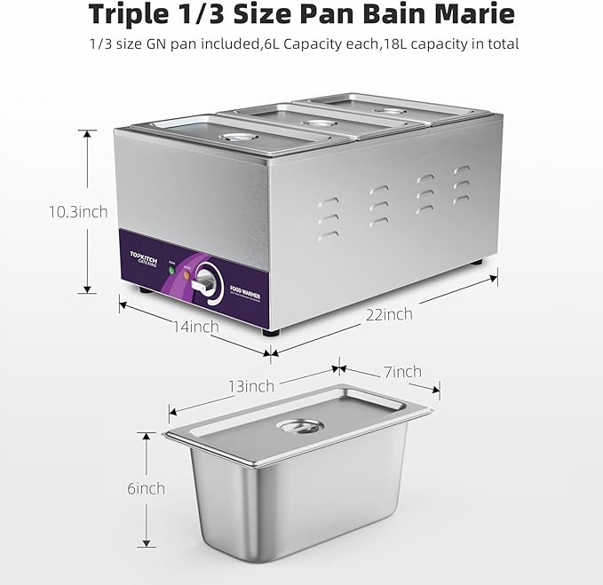 3-Pan 18L Commercial Food Warmer with Non-Leakage Stretch-Forming Water Tank &3 of 1/3 Size GN Pan,Countertop Soup Station Bain Marie Steam Table for Buffet,Catering,Parties and Restaurants