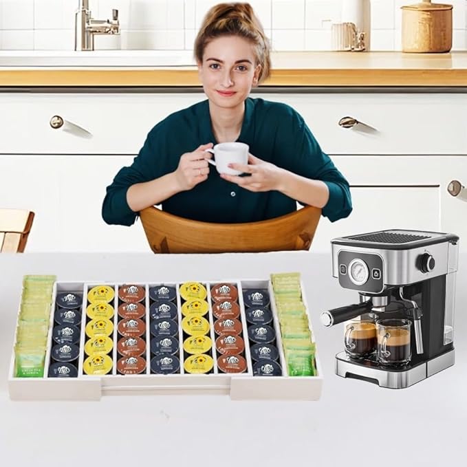K Cup Holder,Bamboo Coffee Pod Holder Drawer Organizer, Expandable Coffee Pod Holder Tea Bag Storage Organizer for Kitchen Office Coffee Bars,Accommodate 45 K Cups (White)