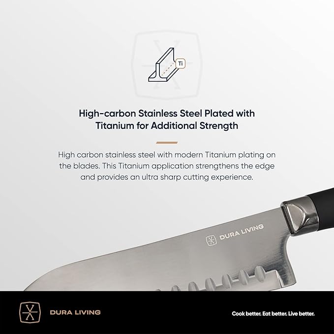 Santoku Knife - 7 Inch Black Nonstick Titanium Plated Stainless Steel Ultra Sharp Blade, With Ergonomic Comfort Grip Handle Asian Chef's Knife, With Matching Sheath