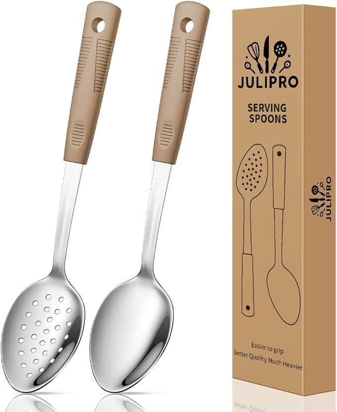 2-Piece,Stainless Steel Serving spoons set with Slotted Spoon.Serving Spoon and Perforated Spoon, kitchen cooking serving utensils set cooking spoon-brown