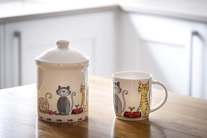SPOTTED DOG GIFT COMPANY Ceramic Jar with Lid for Countertop, Decorative Cat Food Storage Kitchen Canister for Coffee Tea Sugar, Novelty Treat Container, Gifts for Cat Lovers Pet Owners 35oz