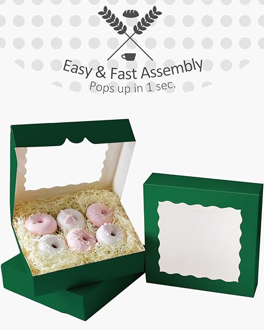 qiqee Auto-pop up Deep Green Pie Boxes with Window 10x10x2.5 inch 30Packs Cookie Donut Bakery Box