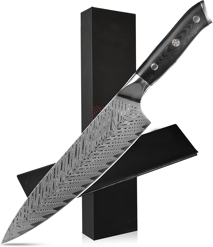 Arisman 8 Inch Chef Knife, Japanese Damascus Steel Chef Knife, Sharp VG10 Kitchen Slicing Knife with Feather Pattern Blade and Full Tang Ergonomic G10 Handle