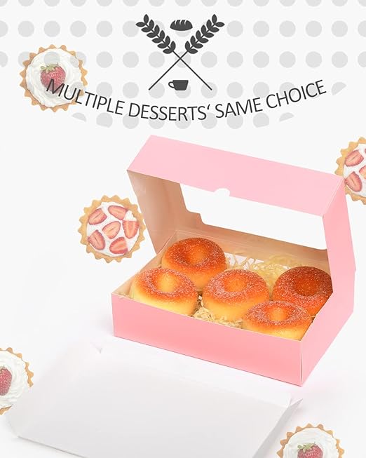 qiqee 36Packs Auto-pop Pink Cookie Boxes for Gift Giving 8x5.3x2 inch One Second Folding Pink Bakery Box with Window Treat Box for Donuts Candies and Biscuit