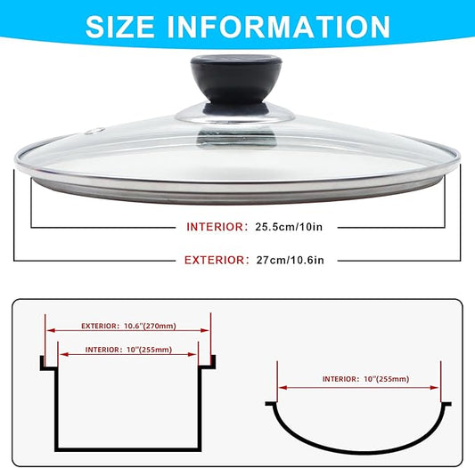10.25 Inch Glass Lid for Frying Pan Tempered Glass Pot Lid with Stainless Steel Rim for 10.25 Inch Frying Pan Wok Pot Skillet (10.25 Inch)