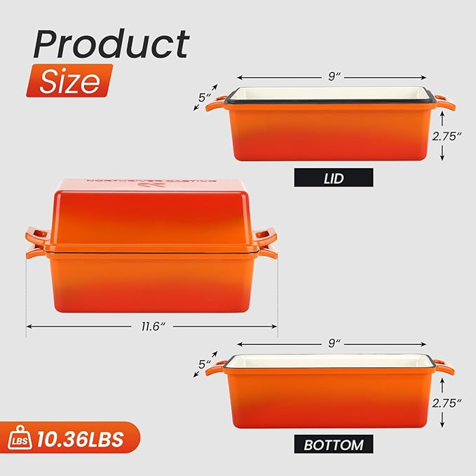 Enameled Cast Iron Loaf Pan with Lid, Best Bread Oven, Bread Loaf Pans for Baking Homemade Sourdough Bread 9x5, 2 Piece set, Flame
