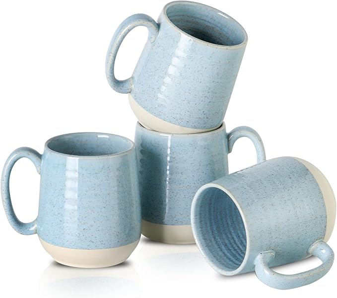 Hasense 15 Ounce Porcelain Coffee Mugs Set of 4 with Large Handle Perfect for Coffee, Tea, Milk, Chocolate and Latte, Unqiue Glaze Ceramic Coffee Cups Set for Man and Woman, Sky Blue