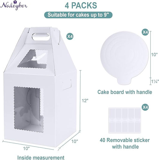 Tall Cake Boxes for Tier Cakes with Cake Boards 4 Pack 10x10x12 Inch Large Tiered Cake Carrier Containers with Window for Wedding Birthday Bakery