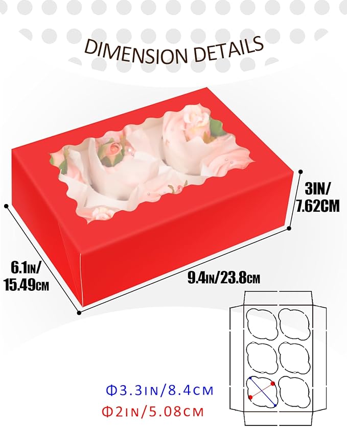 qiqee Auto-pop up Red 6 Cupcake Boxes with Window 30 Packs Cupcake Box 9"x6.1"x3.3" Bakery Boxes For Cupcakes Carrier, Cupcake Containers