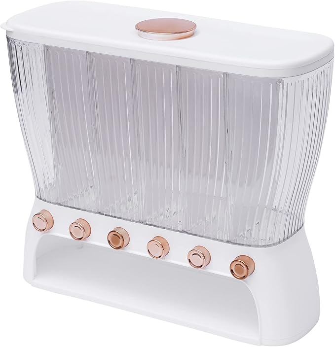 6 Grids Dry Food Dispenser Grain Rice Storage Dispenser with Measuring Cup, 22lbs Sealed Storage Tank for Home Kitchen, Detachable Partition
