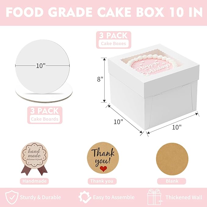 3 Pack Cake Boxes, 10x10x8 Inches Tall Cake Box with Cake Boards, White Bakery Boxes with Window, Disposable Cake Containers with Lids for Cake, Donuts, Pies, Cookies, Wedding, Birthday, Party