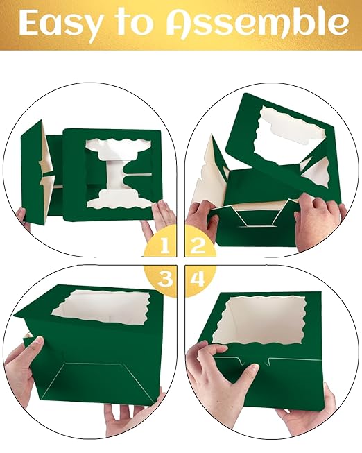 qiqee 8x8x5 Cake Box, 18 Sets Green Cake Box with Window ＆ 18 Sets 8" Green Cake Round Boards, 8inch Cake Containers