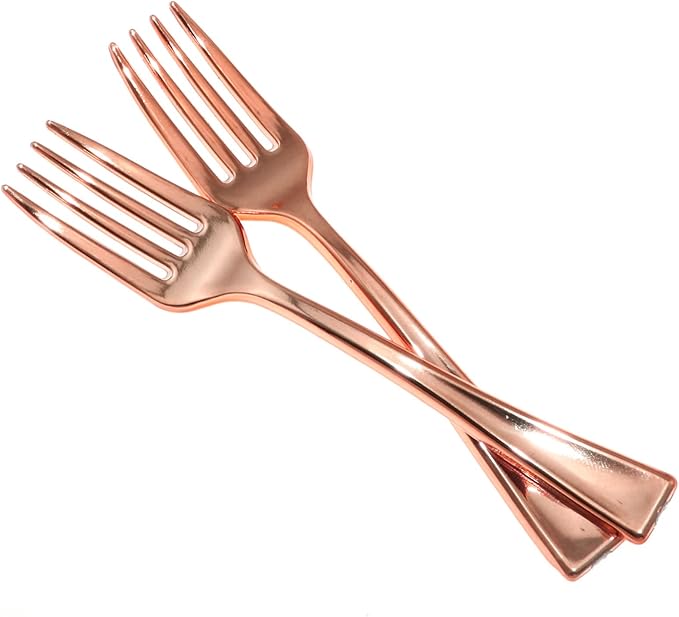 24PCS 9.8cm Disposable Rose Gold Mini Fork Mini Plastic Tasting Forks Disposable Mini Fork Fruit Dessert Pudding Fork for Appetizer Desserts Cocktail Cake Fruit Wedding Party