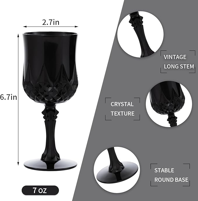 JLYLOL Plastic Vintage Wine Glasses 7OZ Plastic Goblets Vintage Drinking Glasses 12PCS Retro Wedding Glassware Water Goblets Reusable Drinking Cups for Party,Reception,Celebration,Bar,Whiskey(Black)