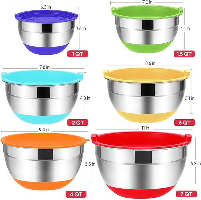 Rottay Mixing Bowls with Airtight Lids, 20PCS Stainless Steel Mixing Bowl Set, Nesting Bowls with 3 Grater Attachments & Non-Slip Bottoms, Size7, 4, 3, 2, 1.5, 1QT Bowls for Baking&Prepping