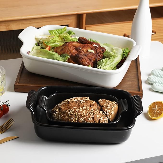 Sweejar Baking Pans Set, Ceramic 9x13 Baking Dish with Handle, Rectangular Casserole Dishes for Oven, Bakeware Sets of 3, Durable Lasagna Pan Deep for Kitchen, Banquet, Wedding Gift(Gradient Gray)