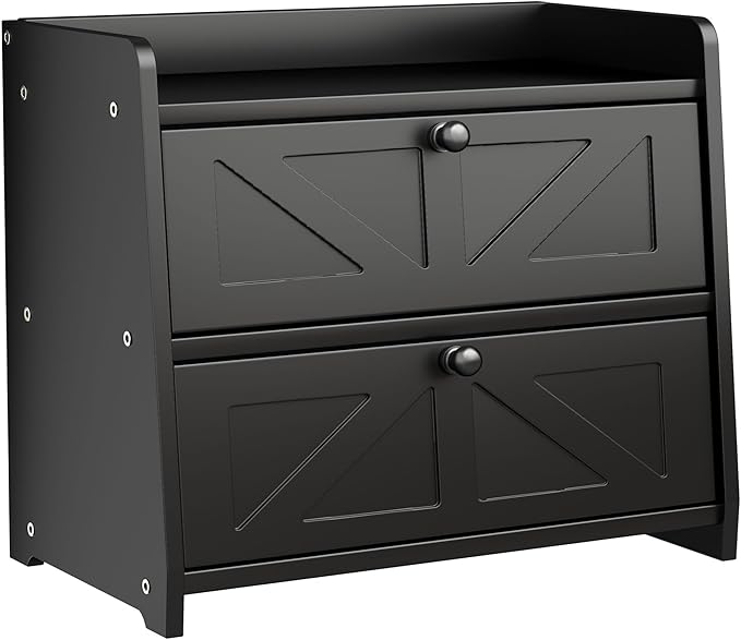 Bread Box for Kitchen Countertop, Double Layer Wooden Breadbox, Large Capacity Bread Storage Bin, Homemade Bread Storage Container, Farmhouse Breadbox Organizer, Black