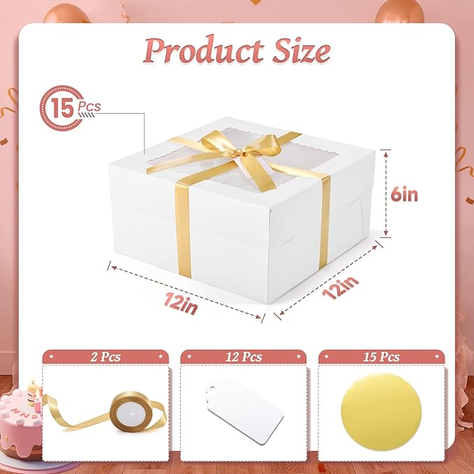 30Pcs Cake Boxes, 12x12x6 Inch Bakery Boxes with Window, 15Pcs Large White Dessert Boxes(15Pcs Cake Boards), Cake Carrier Container Disposable Pie Boxes Package for Pastries Cookies Cupcakes