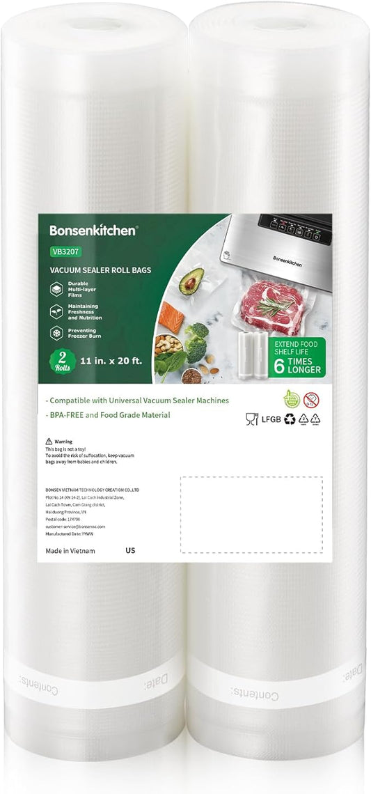 Bonsenkitchen Vacuum Sealer Bags, 11" x 20' Rolls 2 Pack for Food Storage Saver, Bpa Free, Heavy Duty, Commercial Grade Textured Food Roll, Customized Size Bag for Sous Vide Cooking, VB3207