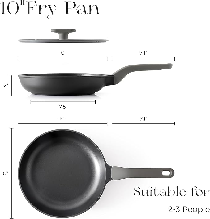 PRICUSIS Nonstick Ceramic Frying Pan with Lid, 8/10 Inch Skillet with Stay Cool Handle, Fully Coated, Induction Compatible & Oven Safe, 100% Dishwasher Safe, PTFE & PFOA Free（10 Inch, Black Sesame）