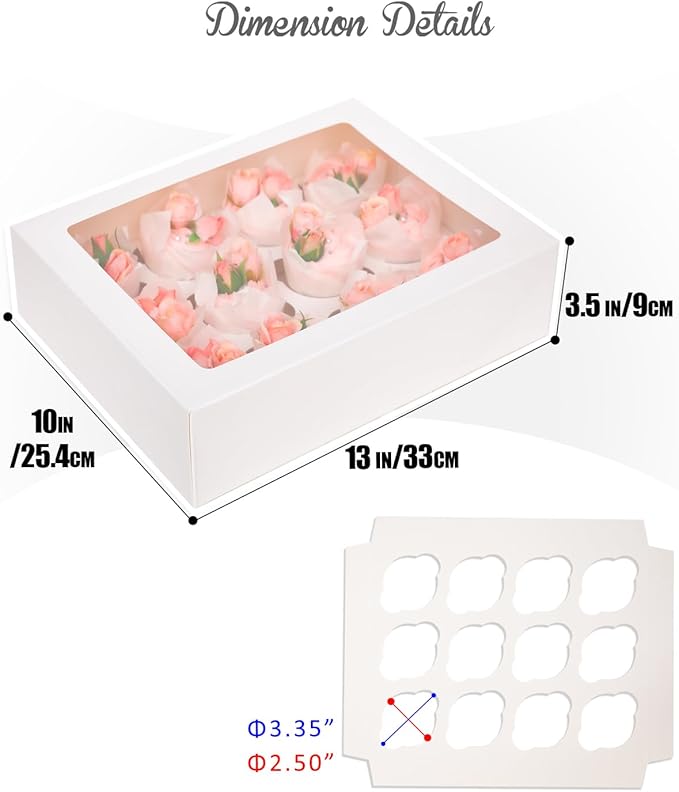 Bakepacker Auto-pop up 12 Cupcake Containers 6-Packs White Cupcakes Carrier, 12 Cupcake Boxes with Window 13"x10"x3.5"