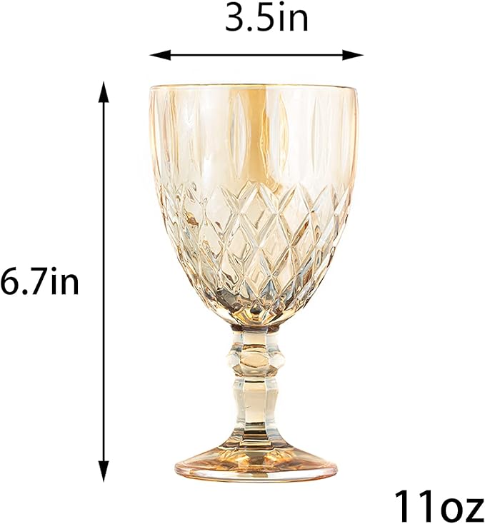 Vintage Wine Glasses Set of 6, 11 Ounces Colored Glass Water Goblets, Colorful Unique Embossed Pattern High Clear Stemmed Glassware Wedding Party Bar Glass Drinking Cups Amber Fancy Glasses