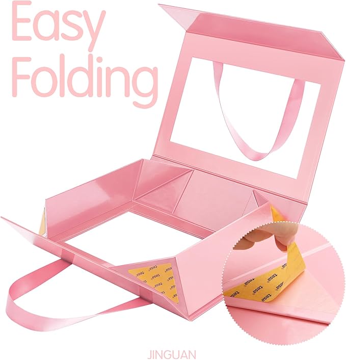 5 Pink Gift Boxes with Windows, Gift Boxes with Lids and Handles, Clear Magnetic Gift Boxes for Presents, Bridesmaid Proposal Boxes (10.5x7.5x3 Inches