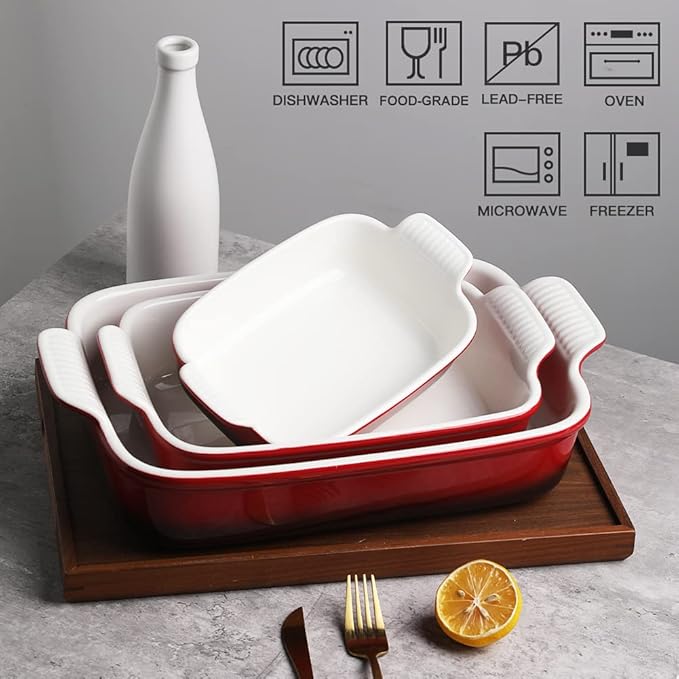 Sweejar Baking Pans Set, Ceramic 9x13 Baking Dish with Handle, Rectangular Casserole Dishes for Oven, Bakeware Sets of 3, Durable Lasagna Pan Deep for Kitchen, Banquet, Wedding Gift(Gradient Red)