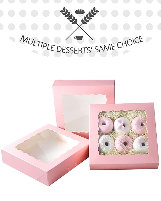 qiqee Auto-pop Up Pink Pie Boxes with Window 10x10x2.5 inch 20Packs Cookie Donut Bakery Box
